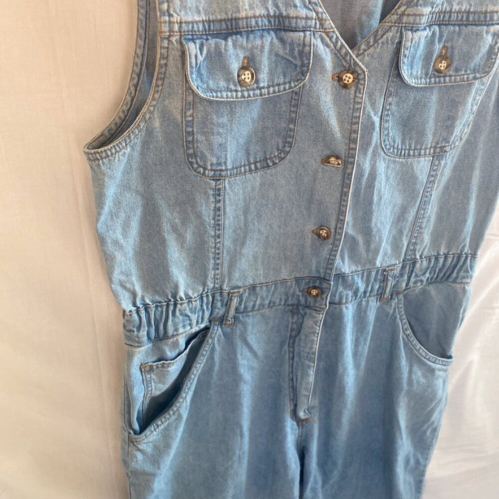 Rare Vtg 90s Bill Blass Light Wash Denim Sleeveless Jumpsuit SizeL Logo Pockets - Picture 3 of 6